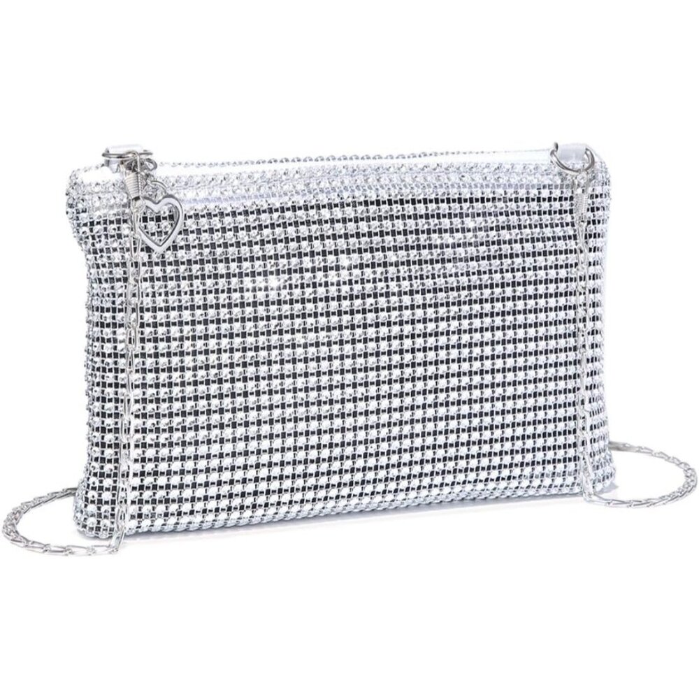 ⚡ Women's Mini Silver Shiny Glitter Rhinestone Square Sparkle Evening Clutch Bag
